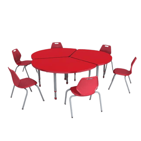 Red collaborative classroom table with chairs. 