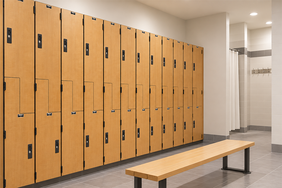 Rows of wood-look Hallowell phenolic lockers with black locks and a wooden bench inside a gym locker room with showers.