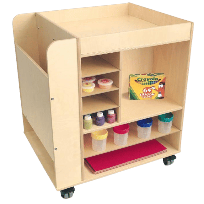 Rolling art cart with cubbies and compartments on all sides, designed to hold art supplies of various sizes—ideal for theater tech crews and classroom use.