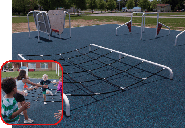 Worthington Direct A young student running through a rope obstacle course while other students reach out to give high-fives on a school playground.