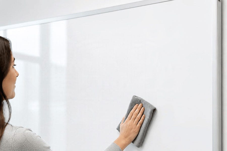 Person wiping a glossy whiteboard with a gray microfiber cloth to remove marker residue.