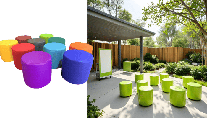 A group of green stools arranged outdoors in a classroom setting. An inset image showcases the same stool design in a variety of vibrant colors.