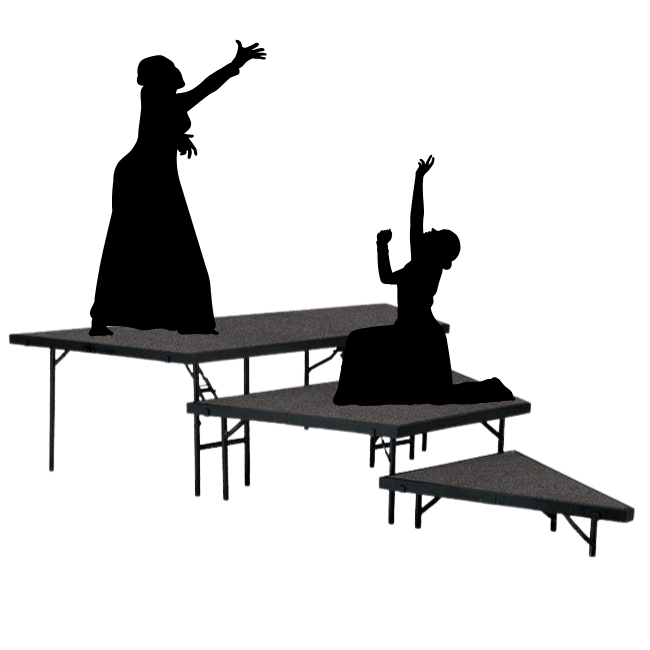 Worthington Direct Three-tier pie-shaped theater riser set, designed for building or customizing stage layouts in theater productions.