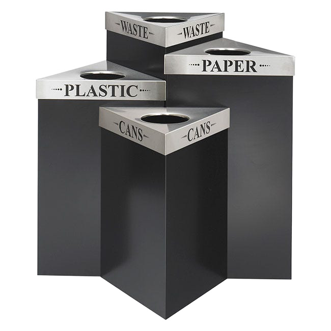 Four triangular-shaped recycling and trash receptacles nested together to form a compact unit.