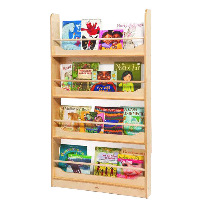 Wall-mounted bookshelf with a variety of children's books on display.