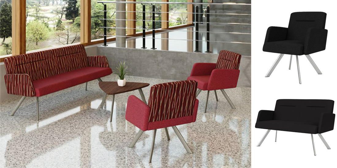 A suite of red mid-century modern style reception furniture arranged in a sleek, contemporary business lobby.