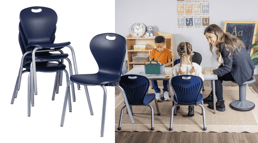 Early childhood classroom with students seated in chairs around a table while a teacher gives instruction; inset image shows the same chairs stacked neatly.